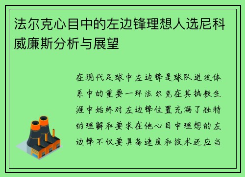 法尔克心目中的左边锋理想人选尼科威廉斯分析与展望 法尔克心目中的左边锋理想人选尼科威廉斯分析与展望